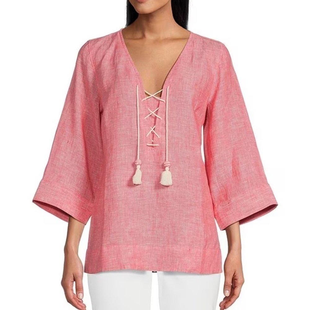 New Tommy Bahama Coastalina 3/4 Sleeve V Neck Tassel Linen Tunic Blouse Pink